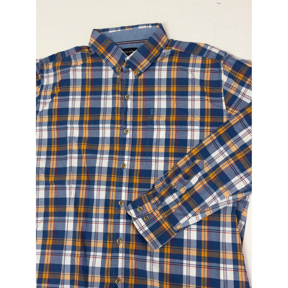 Ritzy of Italy Button Down Shirt Mens 2XL Blue Orange Plaid Cotton Preppy Office